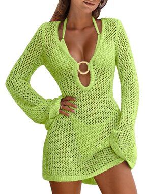 Women's Green Acrylic Crochet Mesh Bathing Cover UPS Summer Knit Swimwear